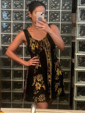 Hand Painted Bali Dress - black and yellow floral print